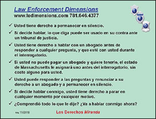 2024 Law Enforcement Dimensions Miranda/ShowUp ID Card in SPANISH